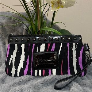 Betsey Johnson Black White Purple Zebra Stripe Wristlet with Stud Trim